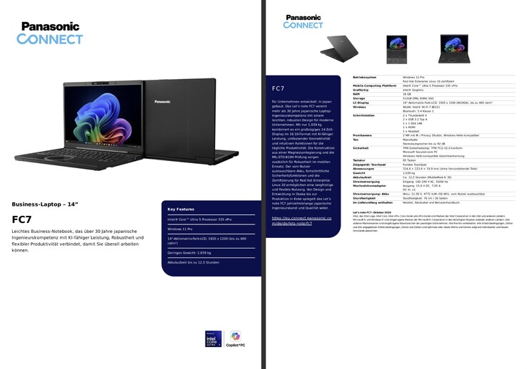 Caractéristiques du Panasonic Let's Note FC7