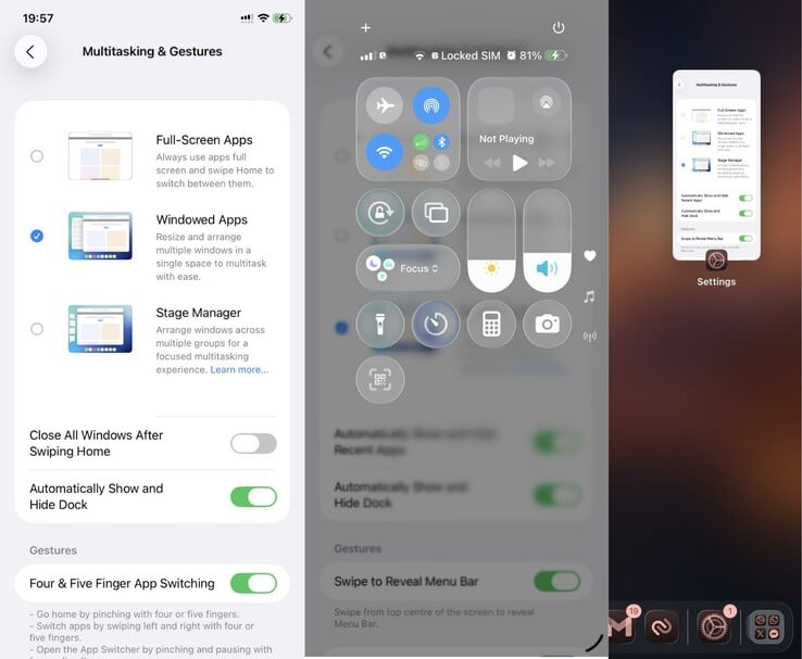 Captures d'écran montrant une interface iPhone avec des options multitâches de type iPad, des superpositions du centre de contrôle et des aperçus d'applications en fenêtre. (Source de l'image : idevicecentral)