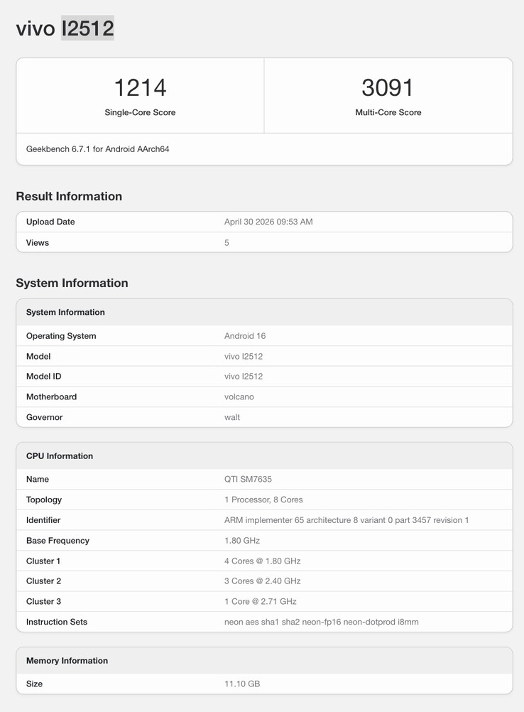 Liste Geekbench du iQoo Z11.