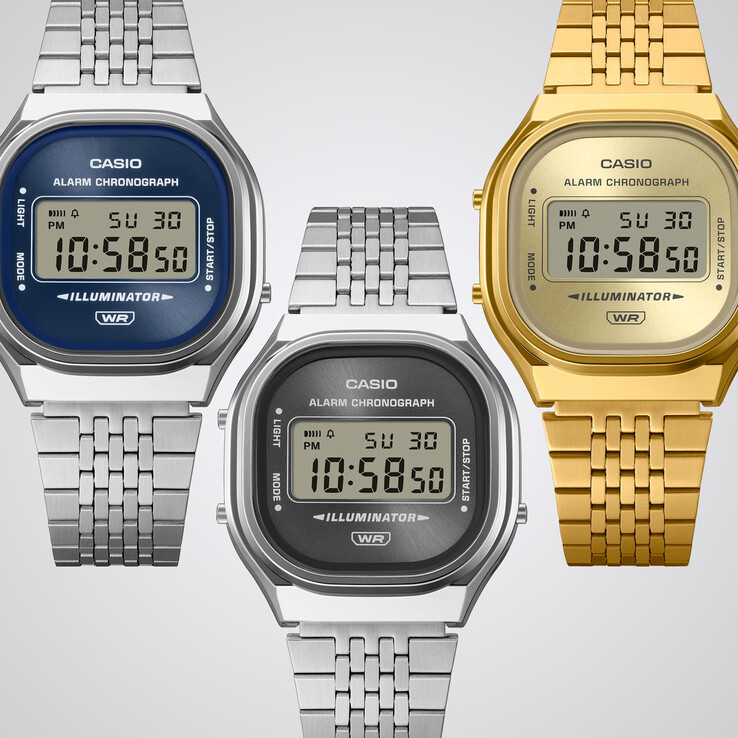 De gauche à droite : Casio A140WE-8A, A140WE-2A et A140WEG-9A.