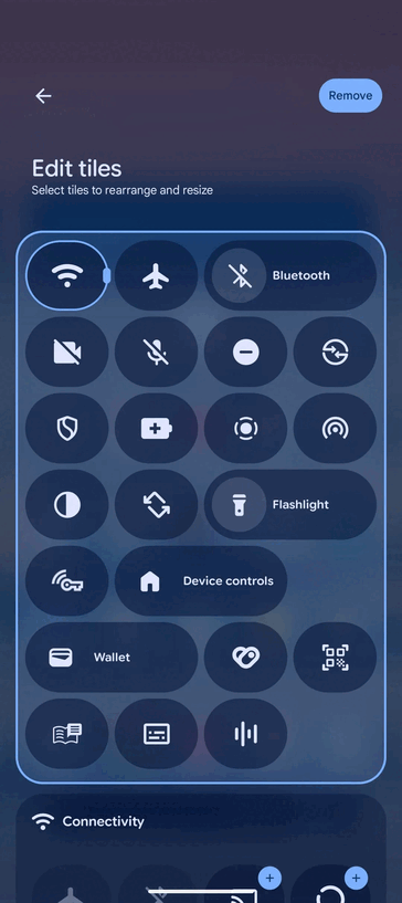 Modification de l'alignement de l'écran de modification des tuiles des Paramètres rapides (Source de l'image : 9to5Google)