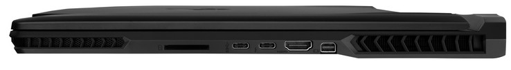 Côté droit : lecteur de cartes SD, USB 3.1 Gen 2 (type C), Thunderbolt 3, HDMI 2.0 (4K à 60 Hz), Mini DisplayPort 1.3.
