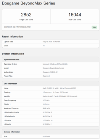 Bosgame M5 AI Mini Desktop sur Geekbench (image source : Geekbench)