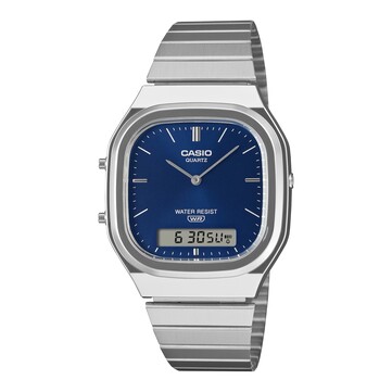 Montre rétro analogique-numérique Casio AQ-240E-2A2, dotée d’un cadran bleu à effet soleil, d’un boîtier argenté et d’un bracelet en acier inoxydable.