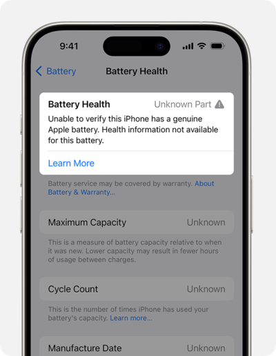 L'avertissement concernant les pièces non authentiques est un excellent exemple de la façon dont on rançonne les consommateurs pour un produit qui devrait être facile à remplacer (Source : Apple Support)