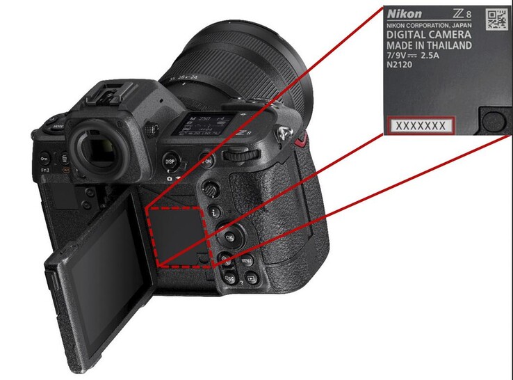 L'avis de service de Nikon indique où trouver le numéro de série sur le boîtier de l'appareil photo Z8. (Source de l'image : Nikon)