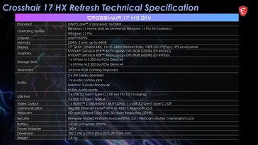 MSI Crosshair 17 HX - Spécifications. (Source de l'image : MSI)