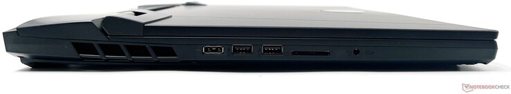 A gauche : Port d'entrée DC, 2x USB 3.2 Gen2 Type-A, lecteur de carte SD Express, prise audio combo