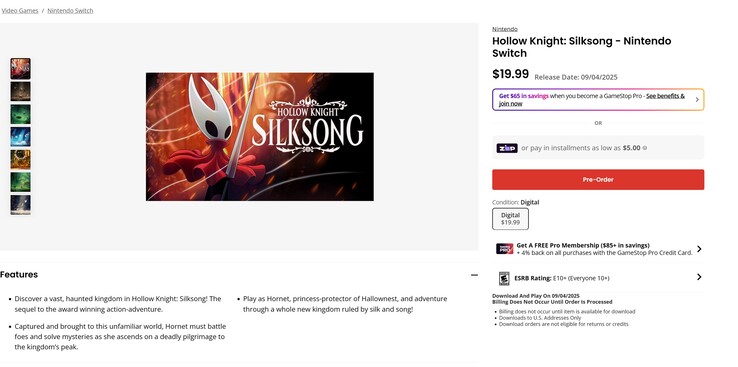 Hollow Knight : Silksong Liste de précommande GameStop Switch (Source de l'image : capture d'écran, GameStop)