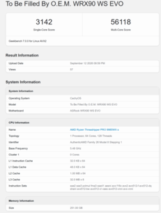 Score Geekbench 7 du Threadripper Pro 9985WX