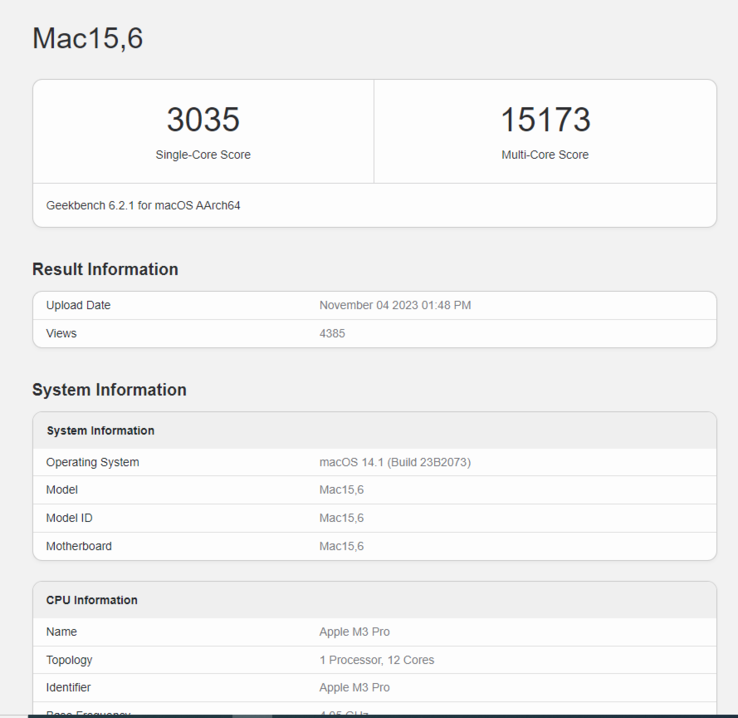 Le M3 Pro n'est que 6 % plus rapide que le M2 Pro dans le test CPU multicœur Geekbench 6. (Source : Geekbench)