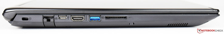 Côté gauche : verrou de sécurité Kensington, Ethernet, USB C 3.1 Gen 1, HDMI, USB 3.0, lecteur de carte SD.