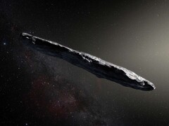 Illustration du premier astéroïde interstellaire découvert, 1I/ʻOumuamua. (Source de l'image : ESO, M. Kornmesser)