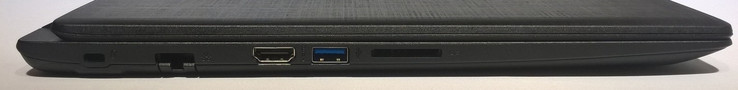 Côté gauche: slot de verrouillage Kensington, Gigabit-Ethernet, HDMI, USB 3.0, lecteur de carte SD