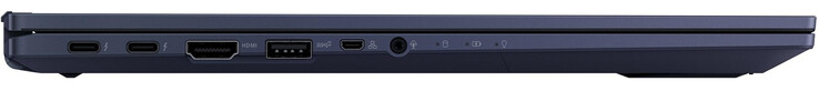 Côté gauche : 2x Thunderbolt 4 (USB-C ; Power Delivery, DisplayPort), HDMI, USB 3.2 Gen 2 (Type-A), Gigabit Ethernet via Micro HDMI, audio combo