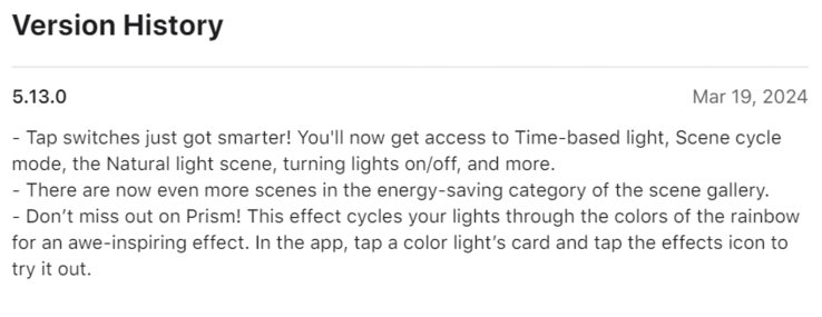 Le journal des modifications de l'application Philips Hue version 5.13.0. (Source de l'image : Apple App Store)