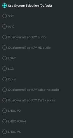 codecs audio disponibles pour Bluetooth