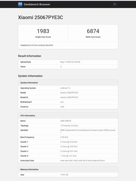 Xiaomi Civi 5 Pro Geekbench listing (source d'image : Abhishek Yadav sur X)