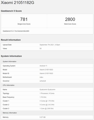 Modèle global du Xiaomi Pad 5 sur Geekbench. (Image source : Geekbench via @TechnoAnkit1)