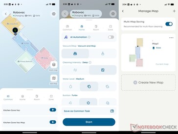 l'application eufy montre l'animation de charge, les options de nettoyage et le gestionnaire de cartes.