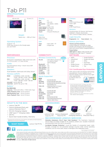 Lenovo Tab P11 - Spécifications. (Source de l'image : Lenovo)