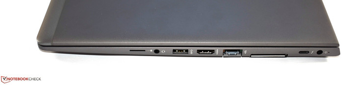 Côté droit : emplacement pour carte SIM, jack 3,5 mm, USB A 3.0 port, HDMI, Ethernet RJ45, port pour station d'accueil, USB C Thunderbolt 3, entrée secteur.
