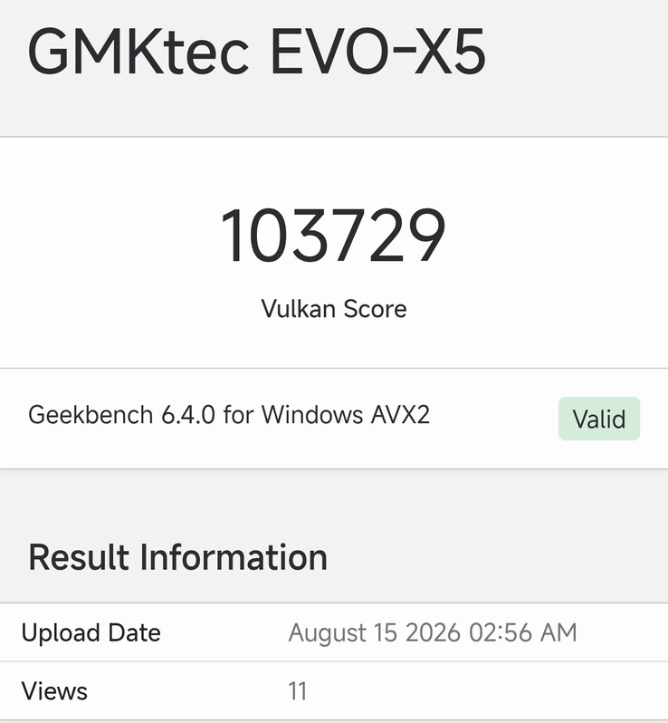 La fiche Geekbench du GMKtec EVO-X5