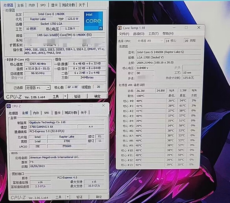 Informations CPU-Z et Core Temp pour le Core i5-14600K. (Source : @9550pro sur Twitter)