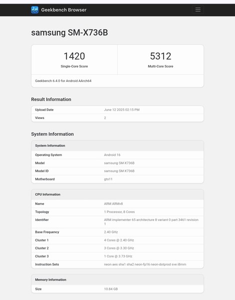 Galaxy Liste Geekbench de la Tab S11 (source de l'image : Abhishek Yadav sur X)