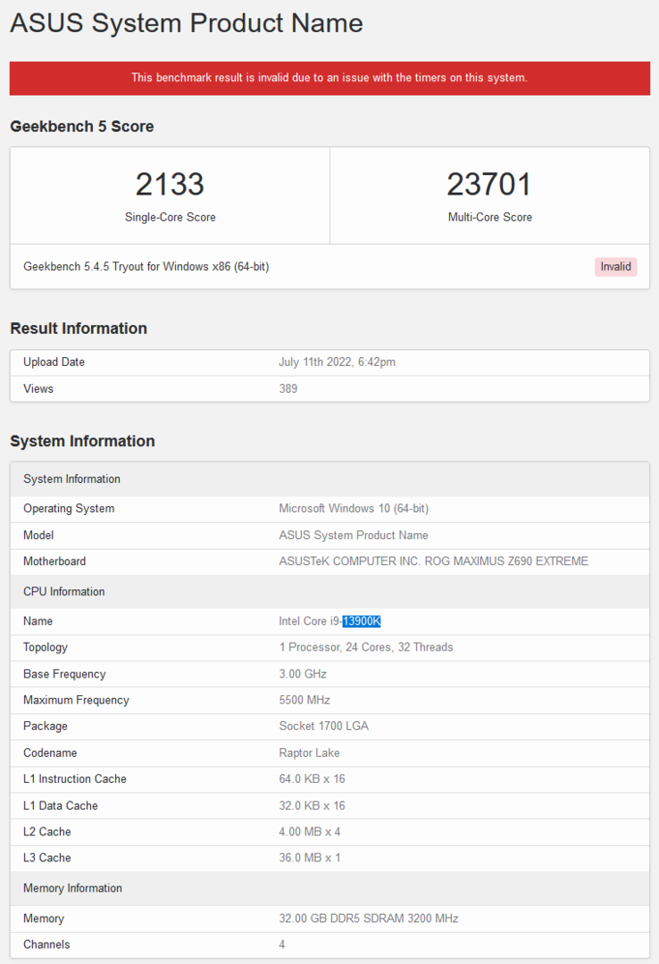 Score Geekbench du Intel Core i9-13900K (image via Geekbench)