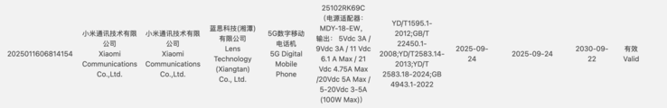 Certification du smartphone portant le numéro de modèle 25102RK69C. (Source de l'image : 3C certification)