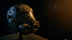Gros plan de la réplique du casque de Spartan de l’édition collector de Metro 2039, avec une visière sombre, des éléments de masque à gaz intégrés et des détails marqués par les combats.