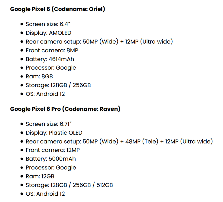 La nouvelle gamme de spécifications présumées de la série Pixel 6. (Source : FrontPageTech)