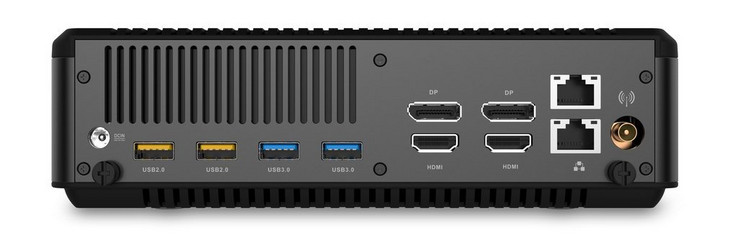 A l'arrière : entrée secteur, 2 USB 2.0, 2 USB 3.0, 2 HDMI 2.0, 2 DisplayPort 1.3, 2 Ethernet gigabit, antenne.