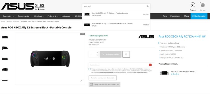 Les prix des ROG Xbox Ally et ROG Xbox Ally X d'Asus fuient dans les magasins partenaires d'Asus (source d'image : Asus Store by MacMan)