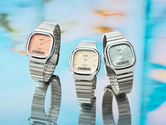 Une image des trois nouvelles montres Casio AQ-240E, sur une surface réfléchissante.
