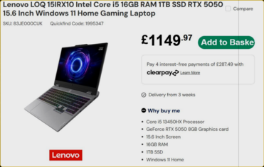 Lenovo LOQ : spécifications et prix (Source : Laptops Direct)