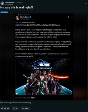 Compte Stellar Blade X piraté avec un message d'arnaque à la crypto-monnaie (Source de l'image : capture d'écran, Stellar Blade subreddit)