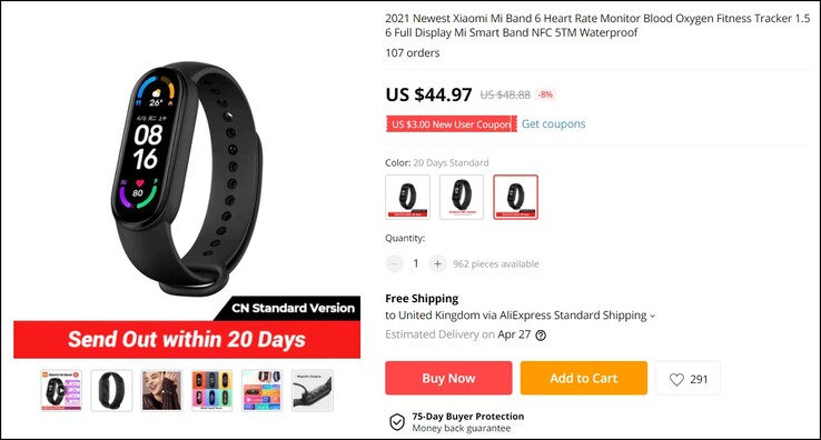 Xiaomi Mi Band 6 version chinoise. (Image source : AliExpress)