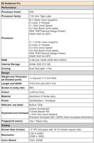 Mi Notebook Pro - Spécifications. (Image Source : Xiaomi)