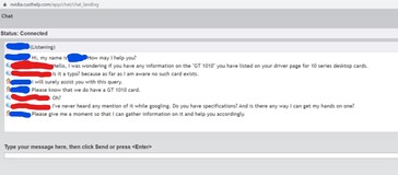 Réponse du service clientèle de NVIDIA à la disponibilité du GT 1010. (Source : Dapz sur YouTube)