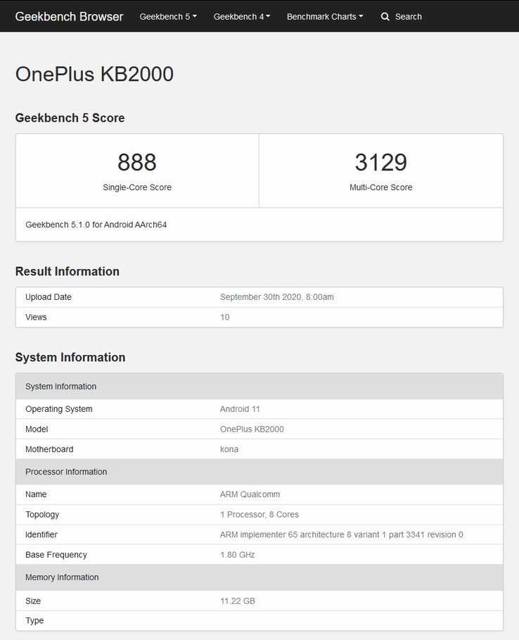 Le "12GB OnePlus 8T" sur Geekbench 5. (Source : Geekbench)