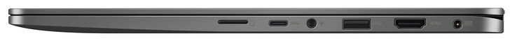 Côté droit : lecteur de carte (micro SD), USB C 3.1 Gen 1, combo audio, USB A 3.1 Gen 1, HDMI, entrée secteur.