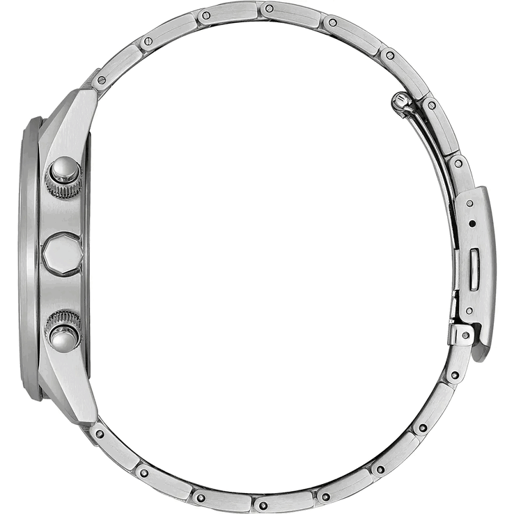 Vue de profil du Citizen World Chronograph A.T. AT8260-85X montrant son boîtier en acier inoxydable, sa couronne, ses deux poussoirs de chronographe et son bracelet.