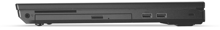 A droite : combo jack stéréo, lecteur smart-card (absent de notre modèle), graveur DVD, 2 USB 3.1 Gen 1 (Type), emplacement verrou de sécurité.