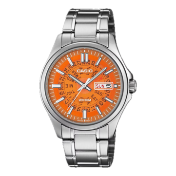 La MTP-E740-4AV de Casio, de couleur orange, est dotée d’un cadran translucide inspiré des montres Time Sonar de Seiko des années 1970.