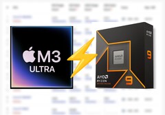 Applele M3 Ultra d&#039;AMD apparaît sur Cinebench 2024, devançant le CPU Ryzen 9 9950X d&#039;environ 25 %. (Source de l&#039;image : Apple, AMD, édité)