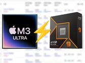 Applele M3 Ultra d'AMD apparaît sur Cinebench 2024, devançant le CPU Ryzen 9 9950X d'environ 25 %. (Source de l'image : Apple, AMD, édité)