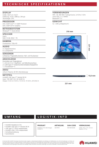 Huawei MateBook X Pro - Spécifications. (Image Source : Huawei)