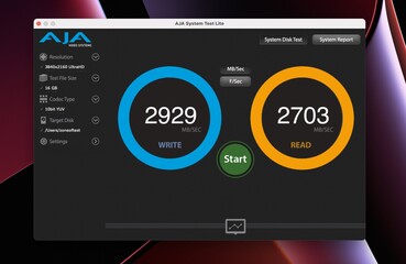 macBook Pro 512 Go avec M2 Pro en test de disque système AJA. (Image Source : @ZONEofTECH sur Twitter)